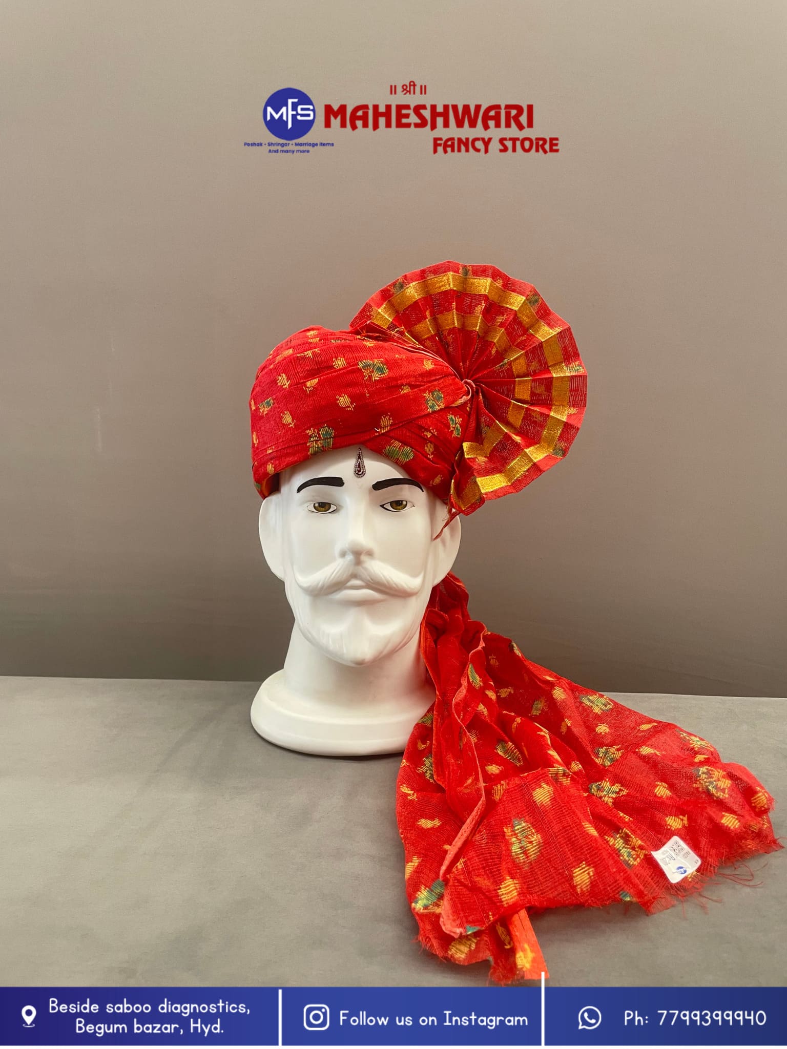 Red Makkhi Barati Pagdi Fabric